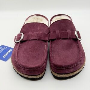 Birkenstock Buckle Shearling Maroon Suede Clogs 39/250 Portugal